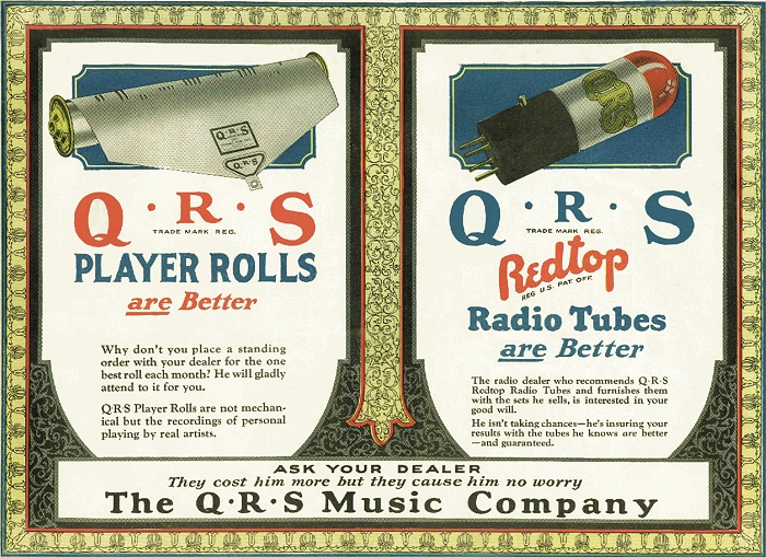 late 1920s ad for qrs rolls and tubes